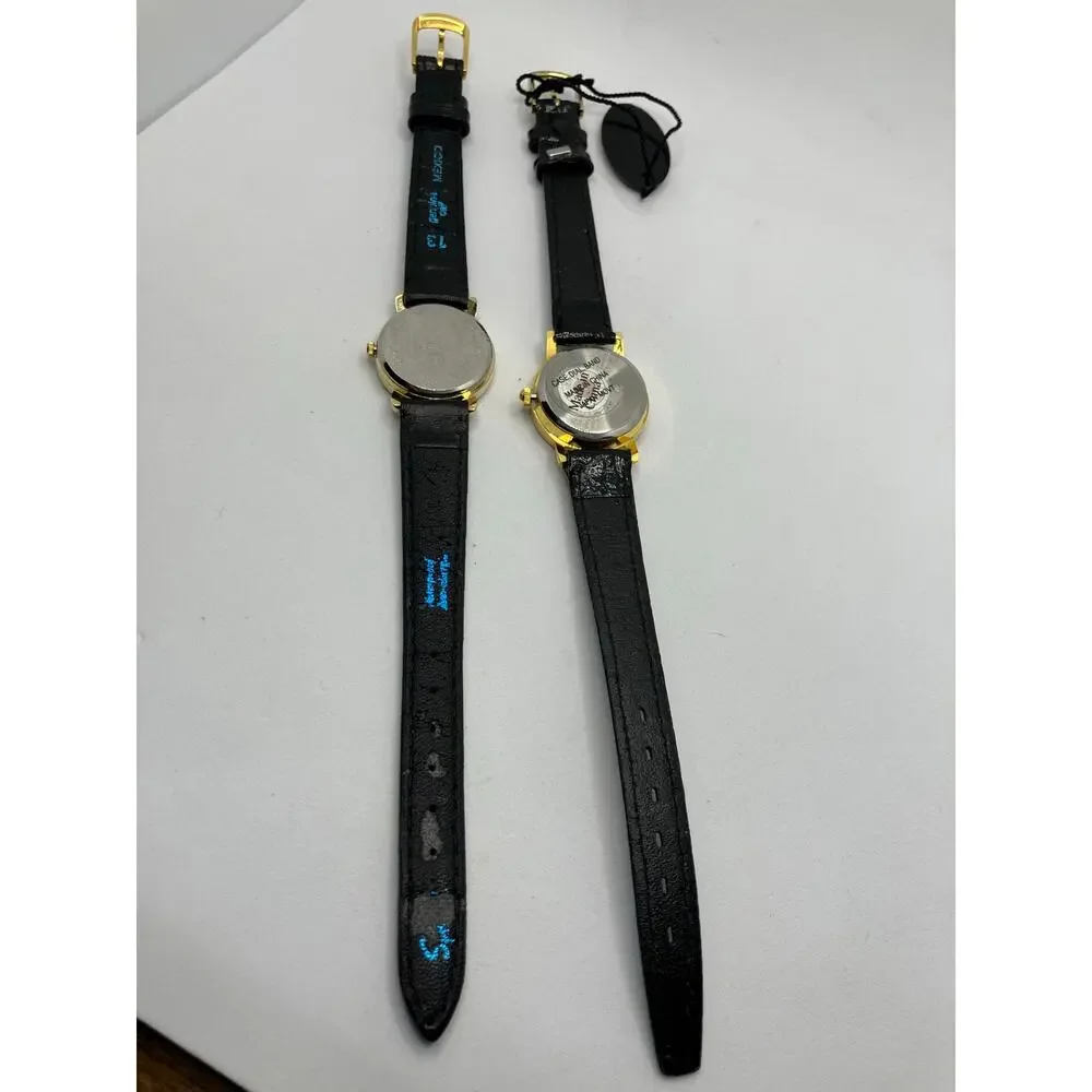 Women's Watch Lot‎ of (2) Gold Tone BLACK LEATHER Gruen Diamon Analog